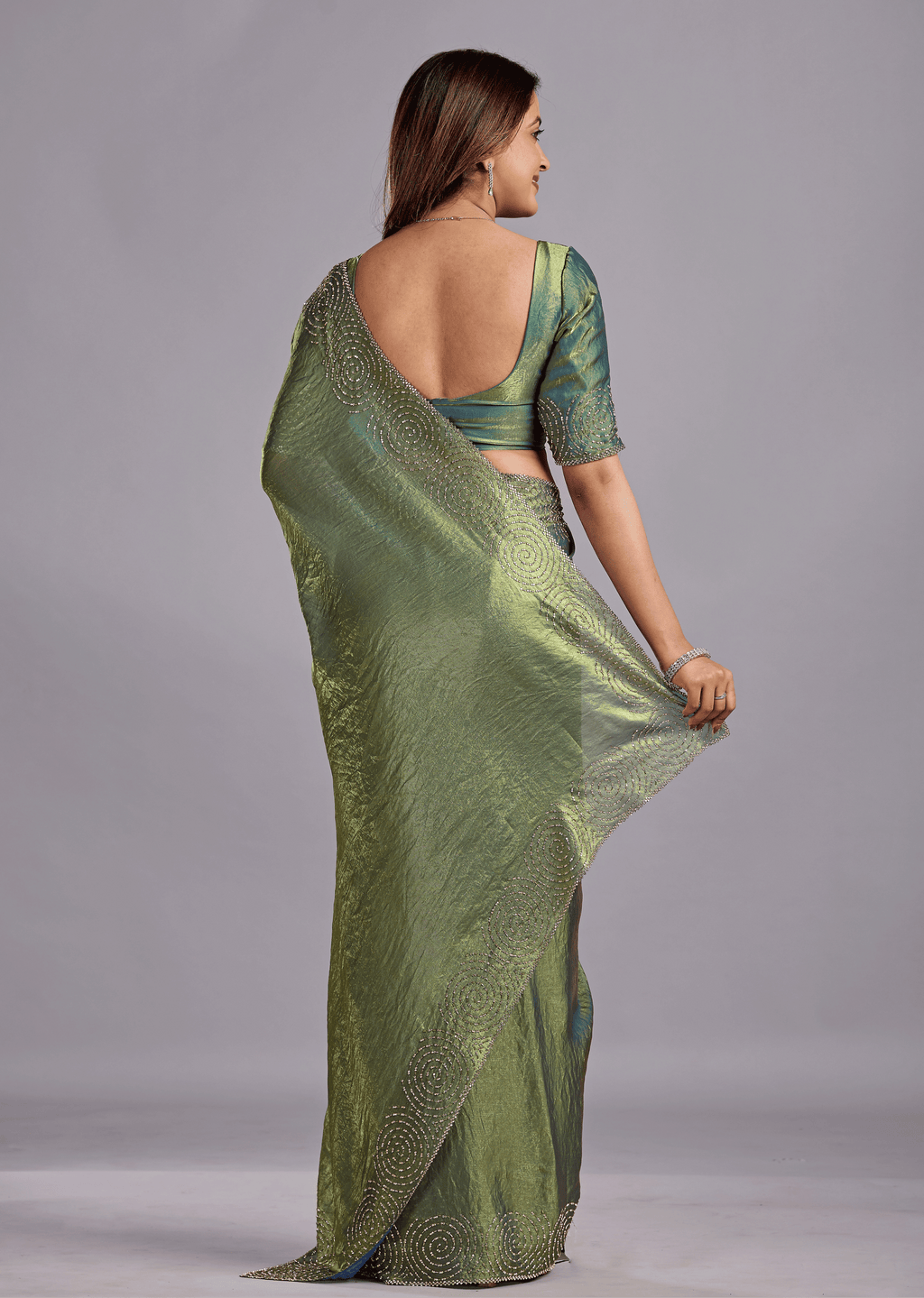 Olive Green Tissue Silk Saree With Crystal Spiral Work
