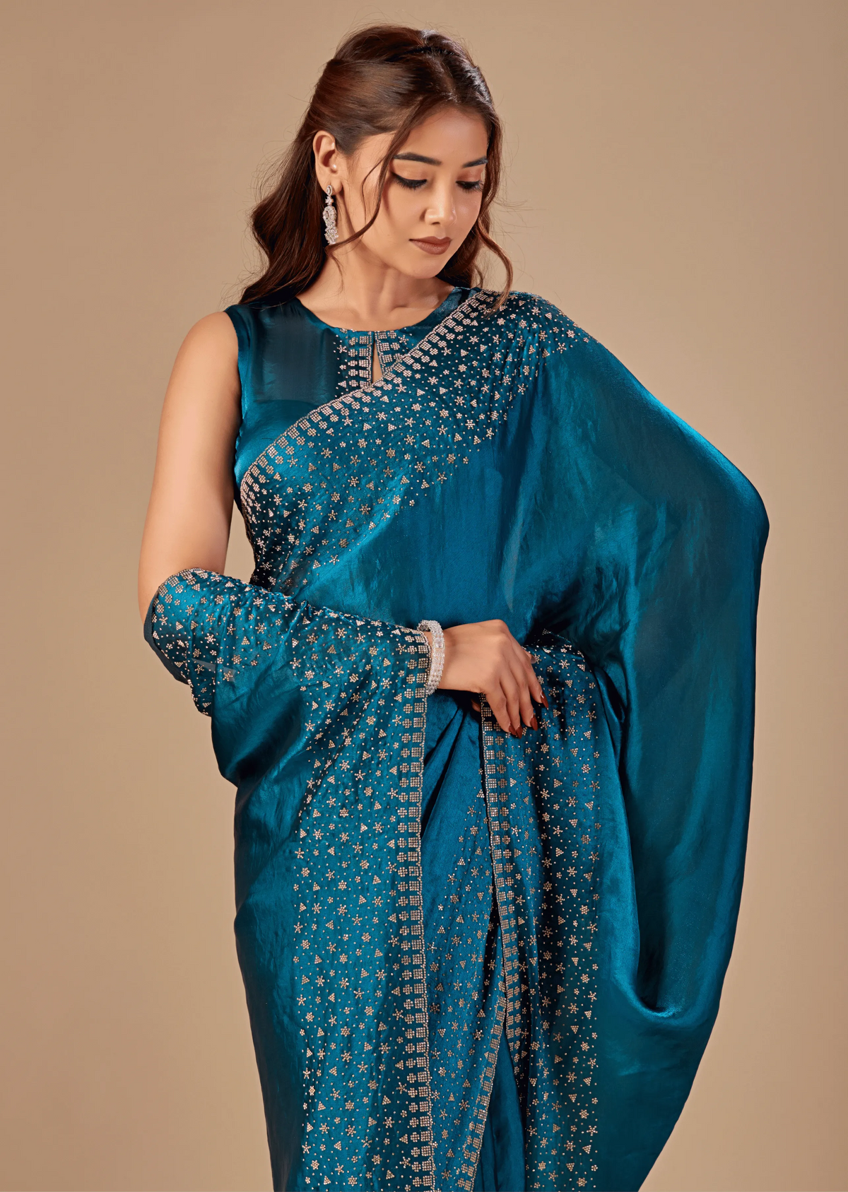 Teal Blue Tissue Silk Saree Blouse Close Up - Stone Work Detailing
