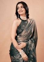 Bottle Green Organza Silk Saree With Foil Botanical Print