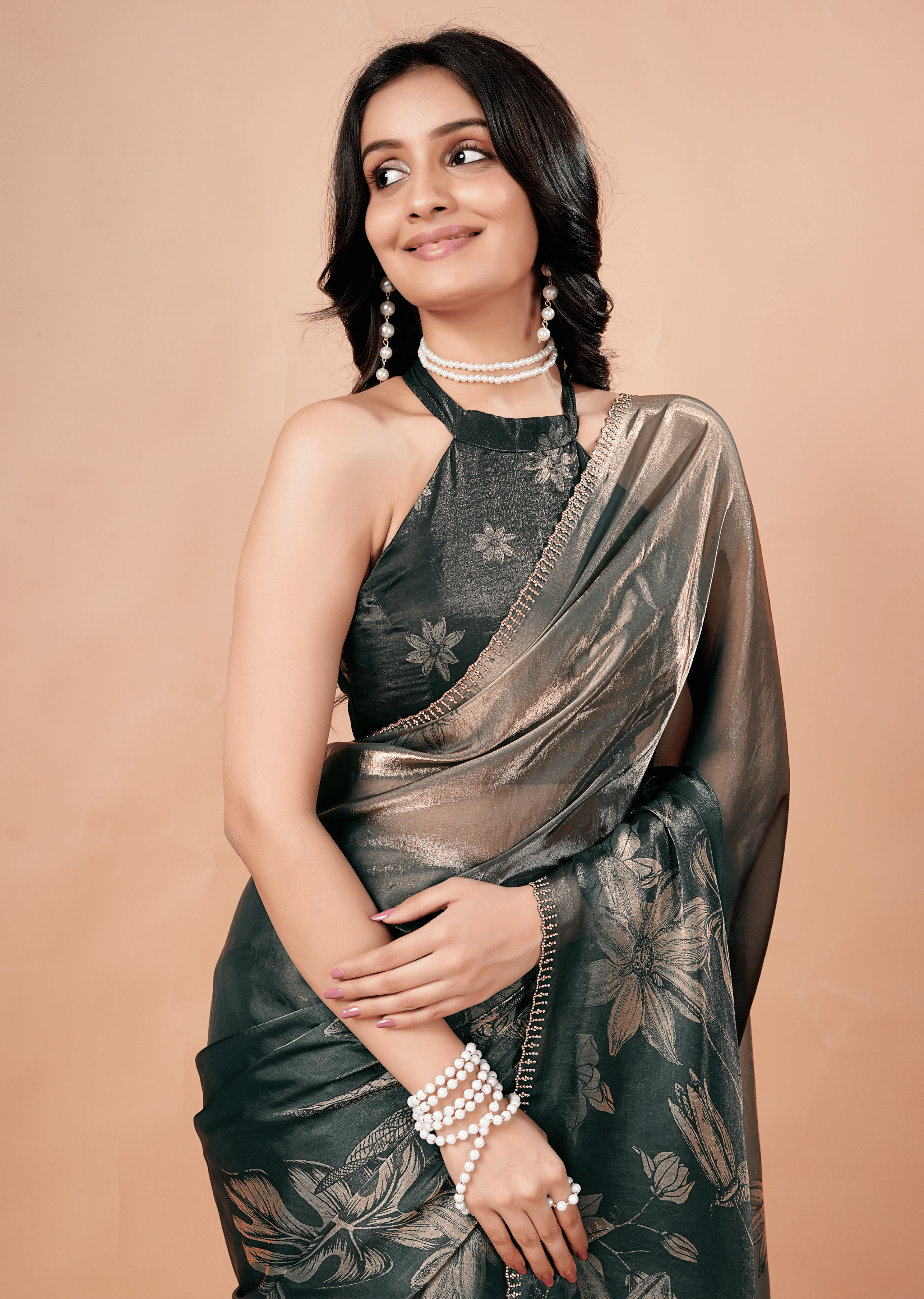 Bottle Green Organza Silk Saree With Foil Botanical Print
