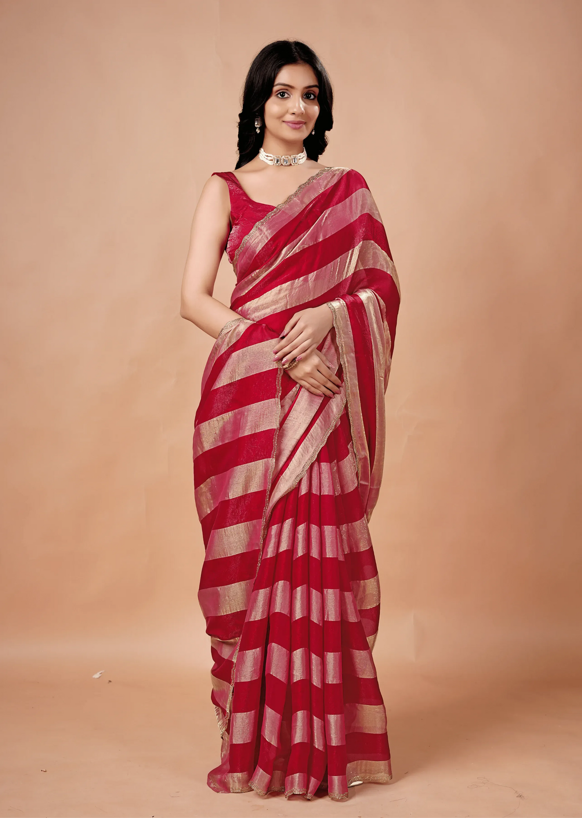 Rani Pink Tissue Silk Saree With Metallic Stripe Work