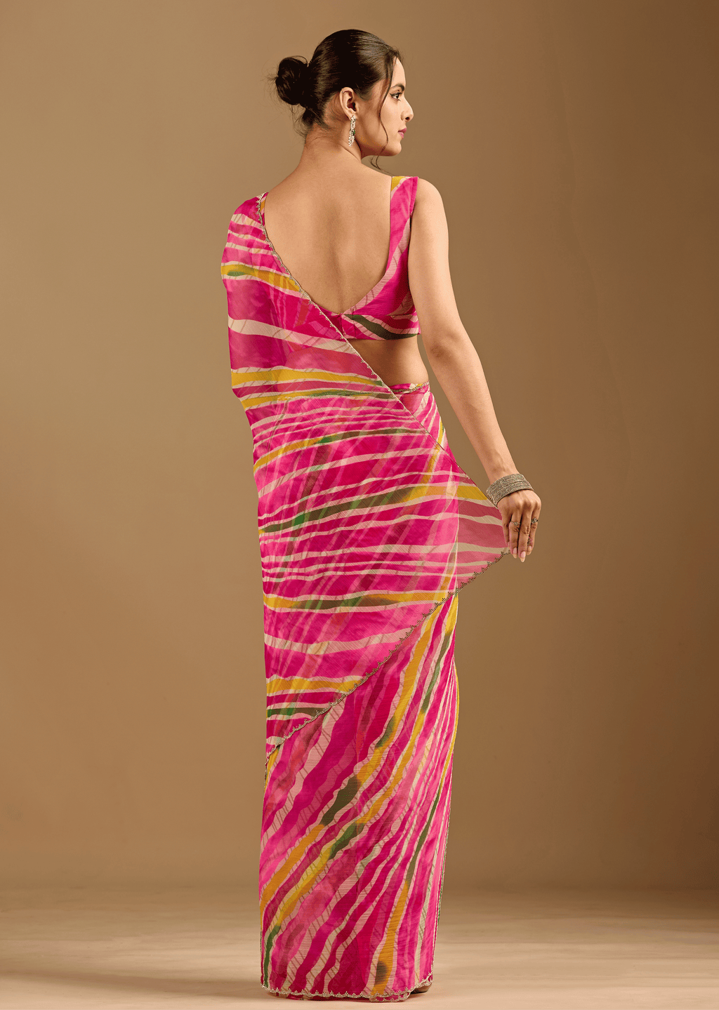 Rani Pink Chiffon Saree With Stone Work