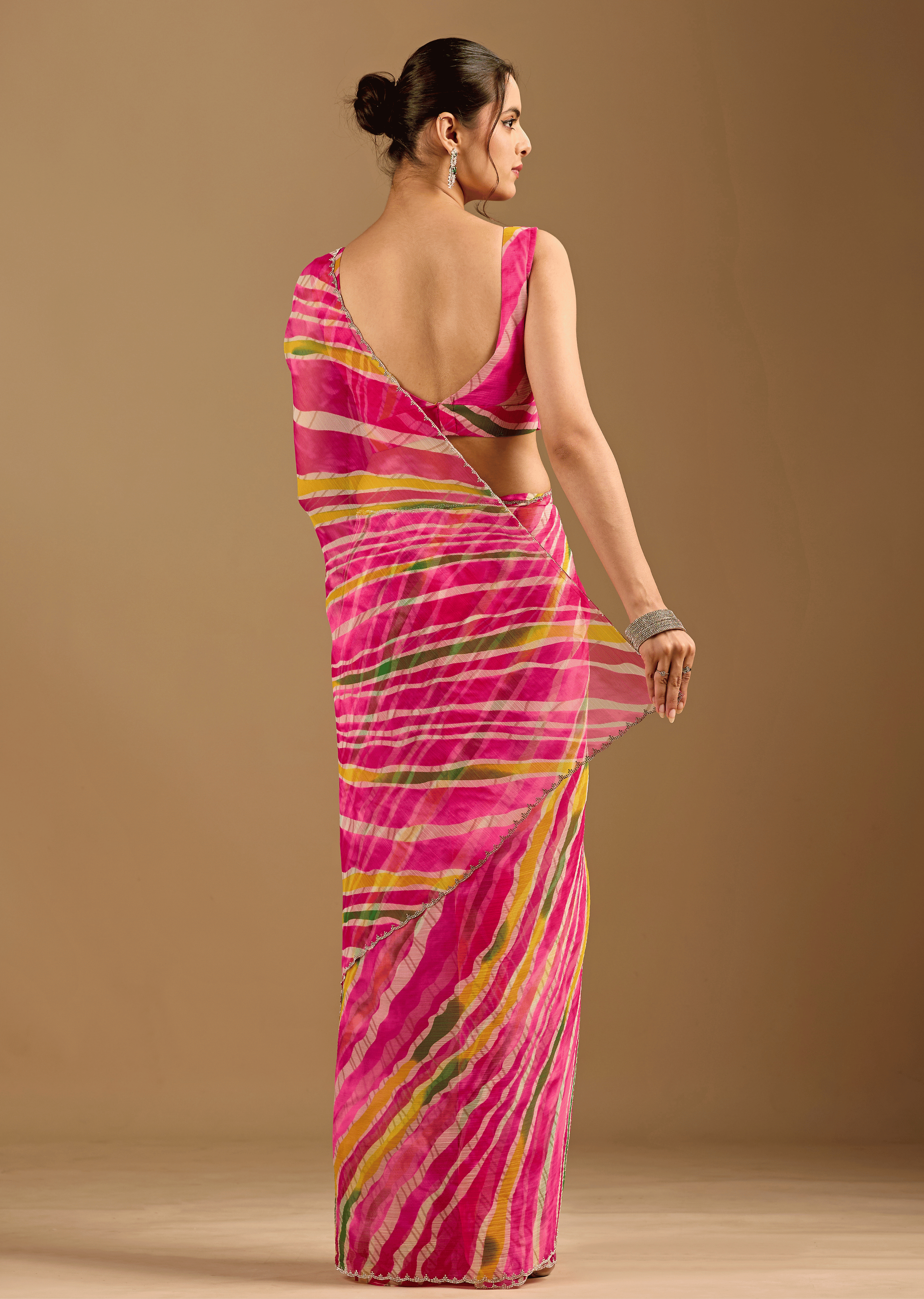 Rani Pink Chiffon Saree With Stone Work
