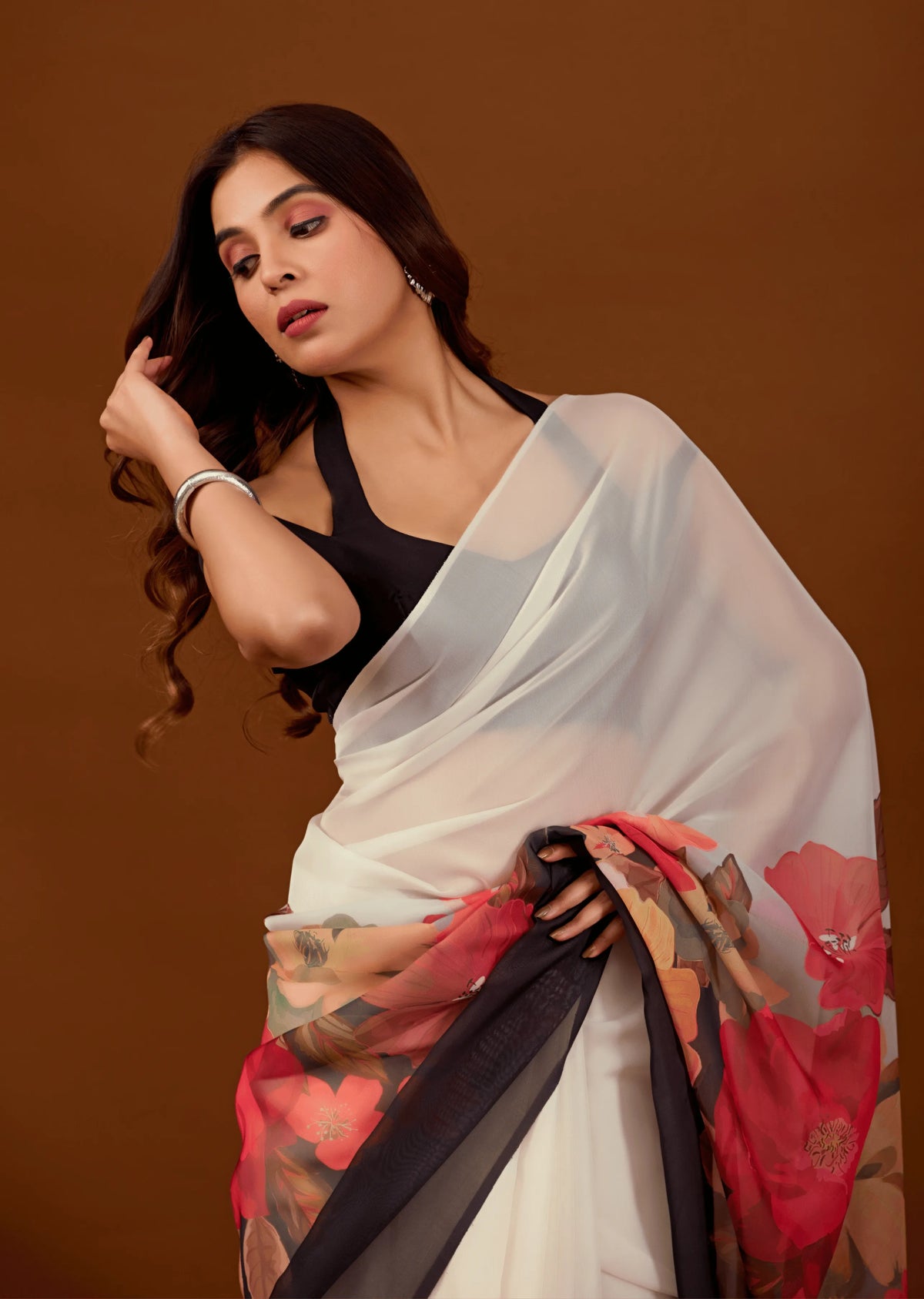 White Soft Organza Saree Side Pose - Party Wear Saree