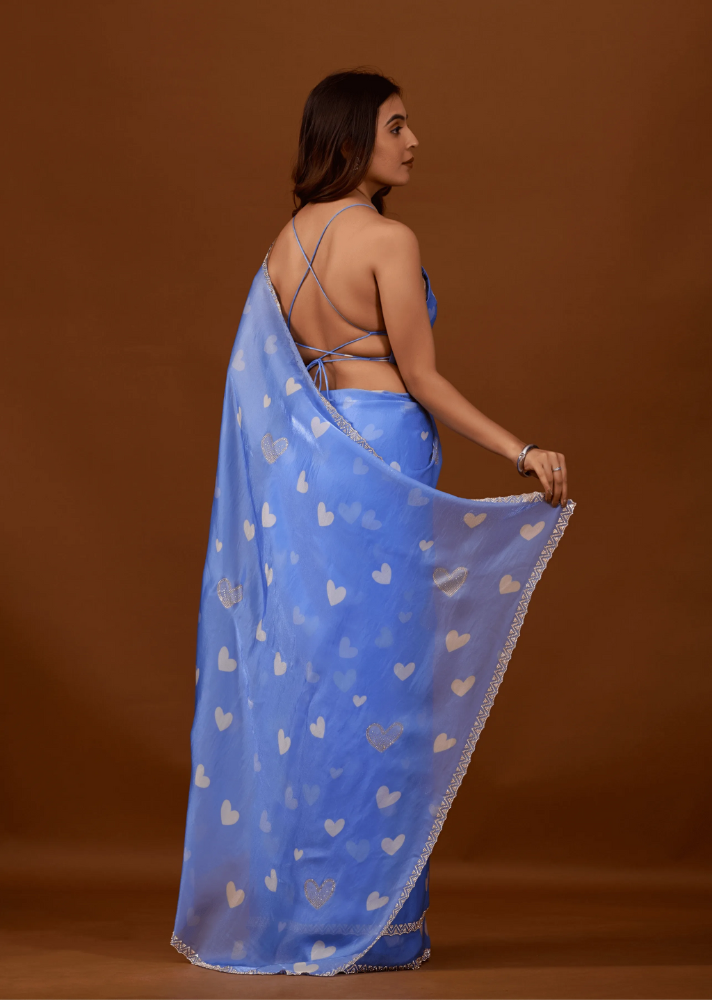 Sky Blue Organza Silk Saree Back Pose - Heart Print Detail