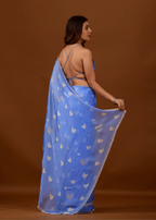 Sky Blue Organza Silk Saree Back Pose - Heart Print Detail
