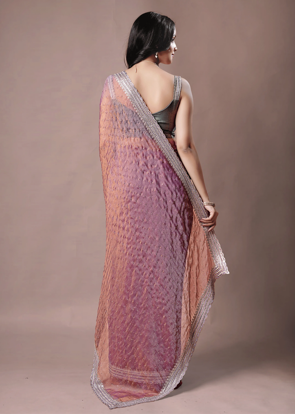 Lavender Purple Organza Saree Back Pose - Stone Work Detail