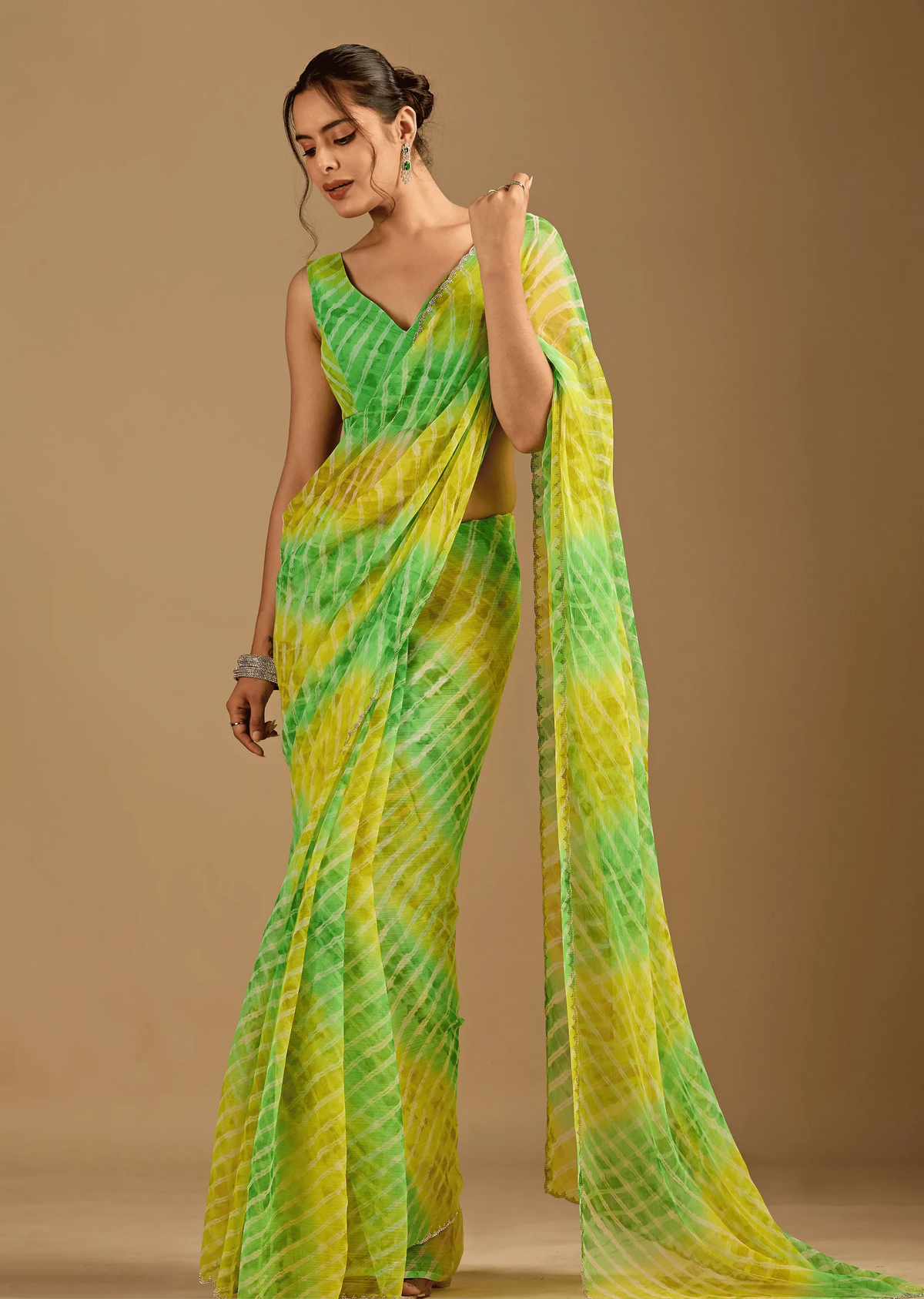 Citrus Green Chiffon Saree With Shibori Tie Dye