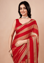Crimson Red Tissue Silk Saree With Metallic Stripe Work