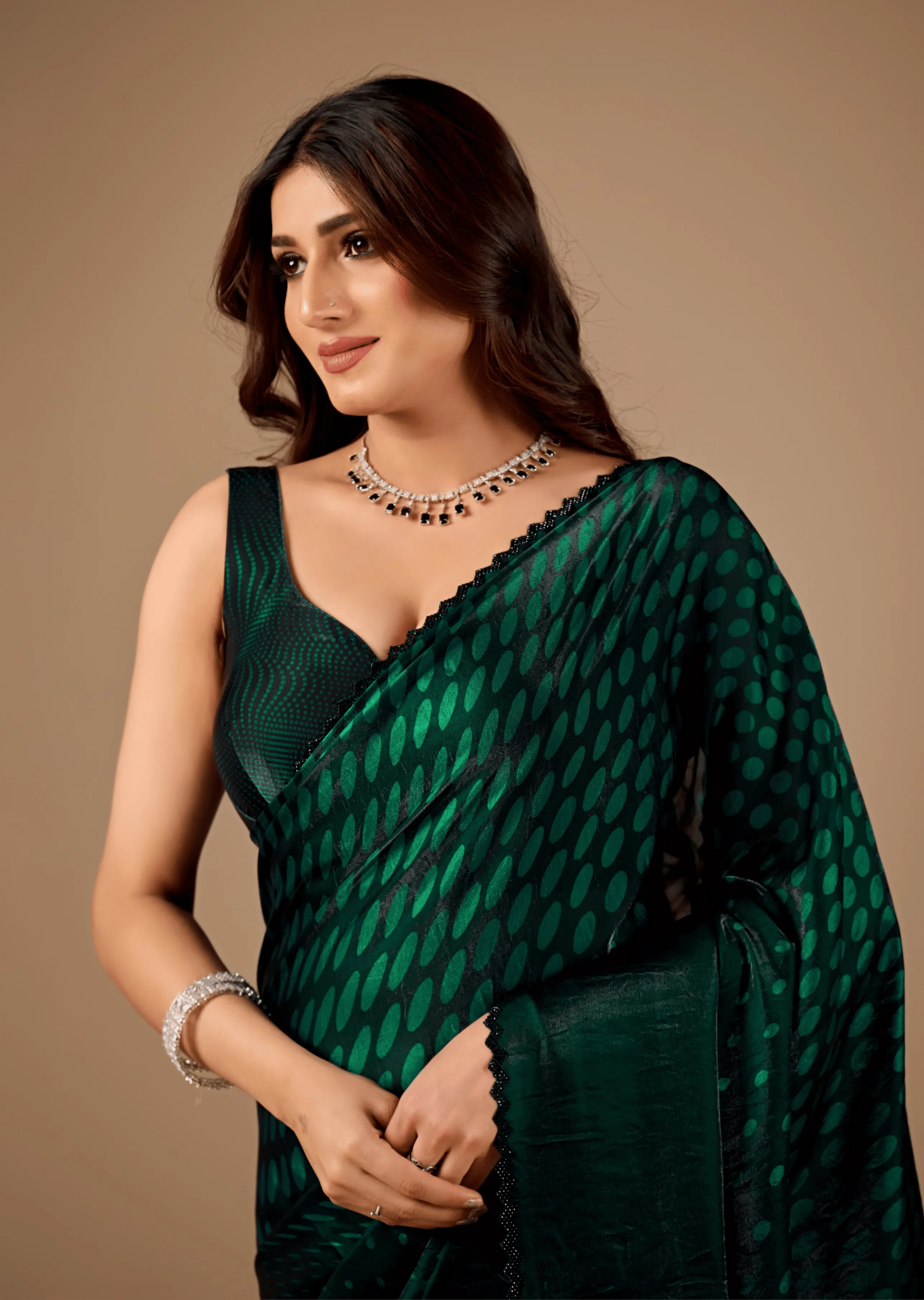 Bottle Green Organza Silk Saree Draped Look - Polka Dot Print Design