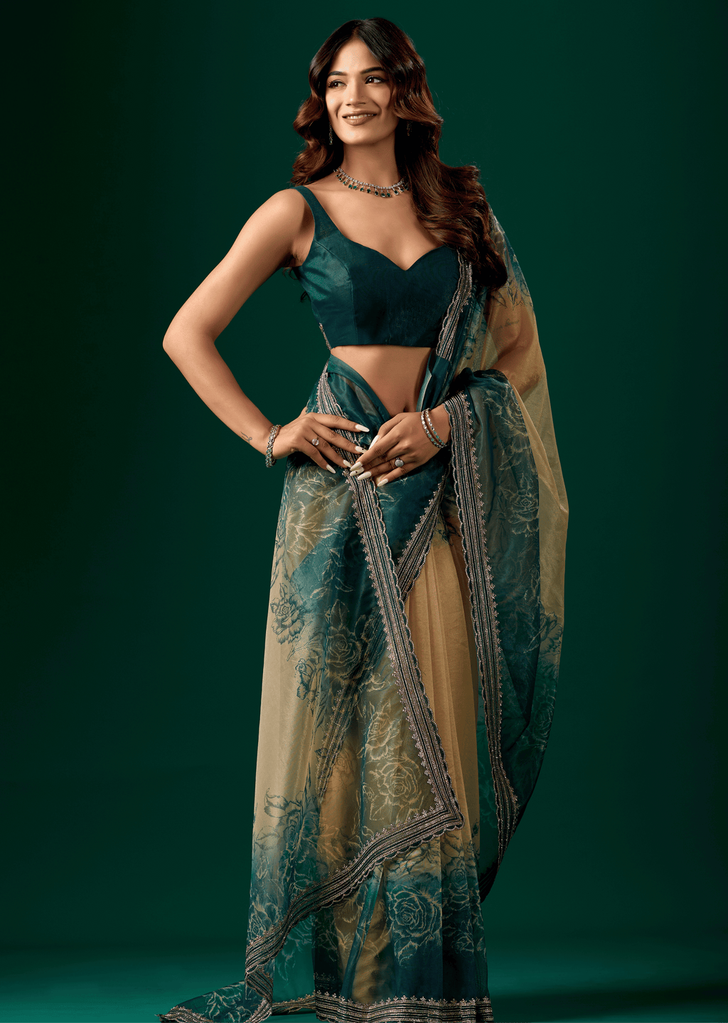 Teal Blue Organza Saree With Floral Print