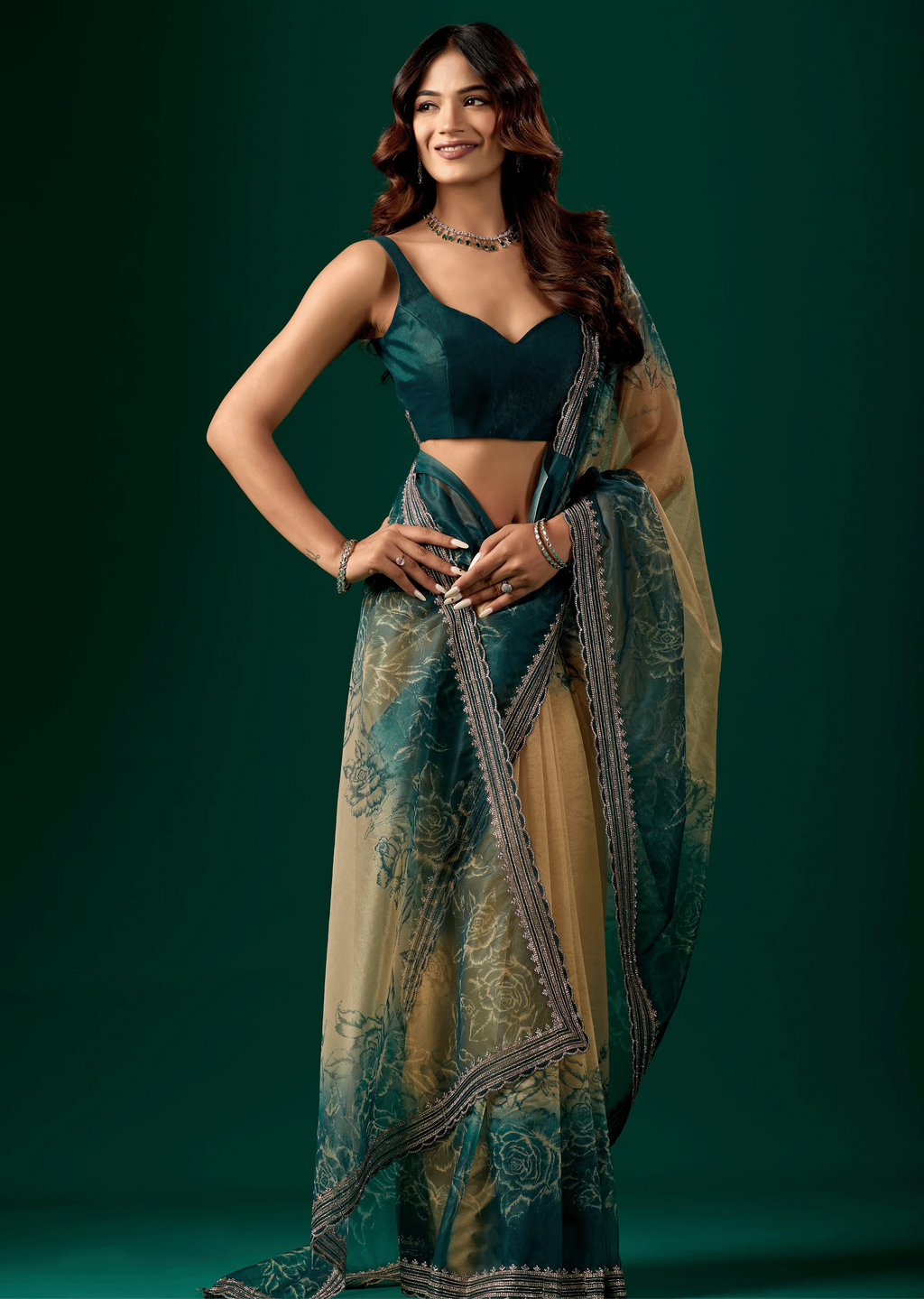 Teal Blue Organza Saree Draped Look - Floral Print Design