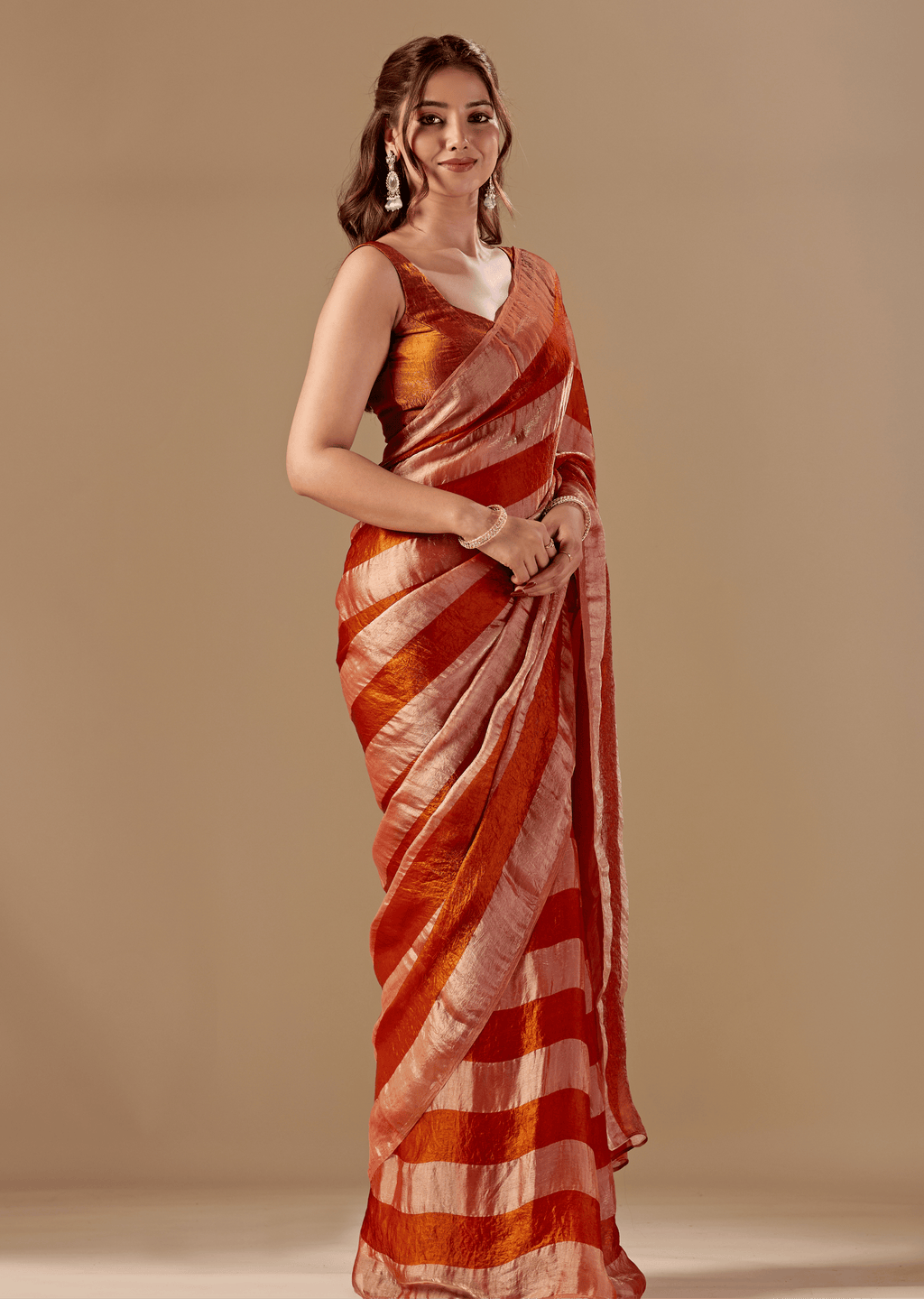 Copper Rust Tissue Silk Saree With Metallic Stripe Weave