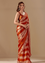 Copper Rust Tissue Silk Saree With Metallic Stripe Weave