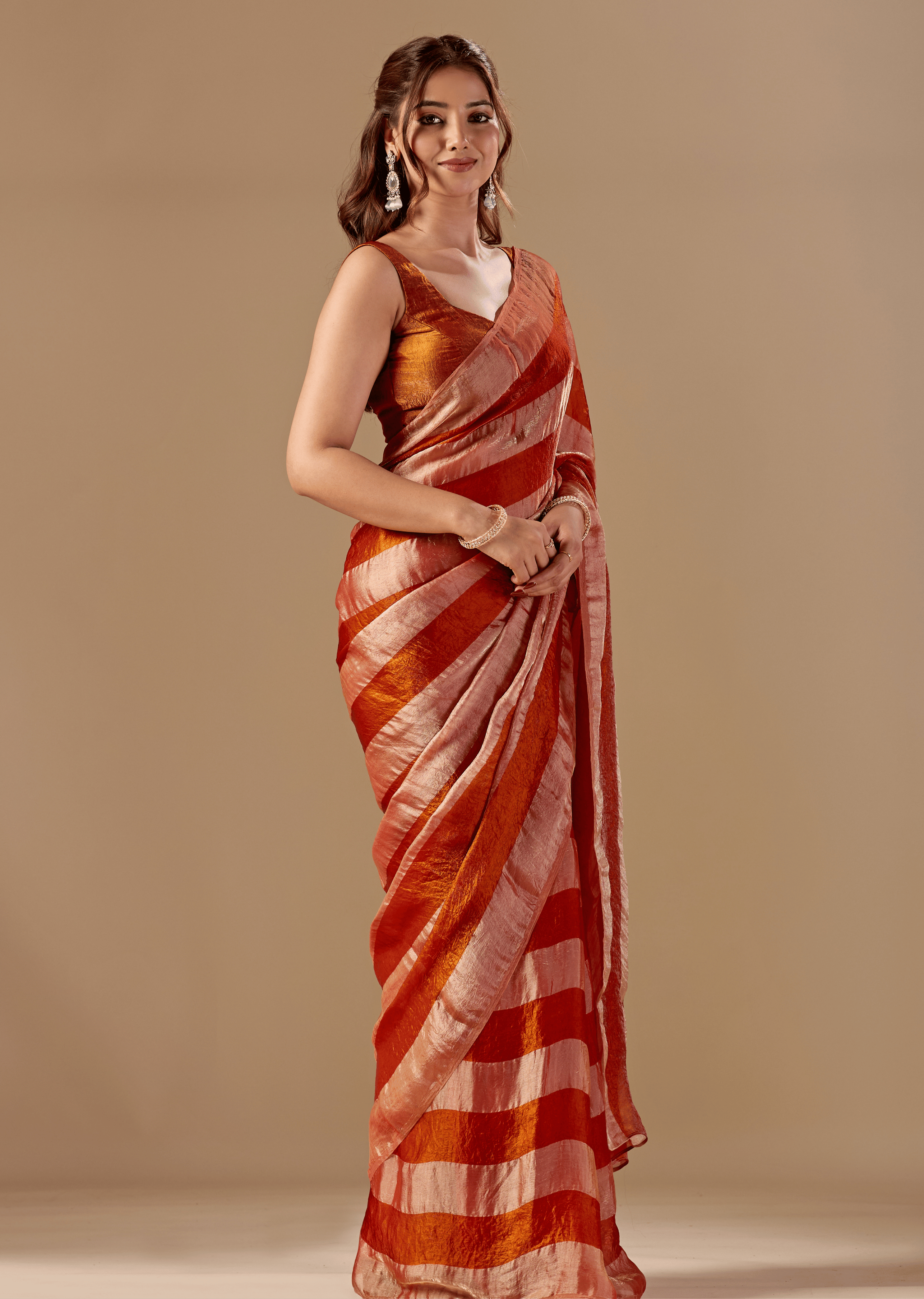 Copper Rust Tissue Silk Saree With Metallic Stripe Weave