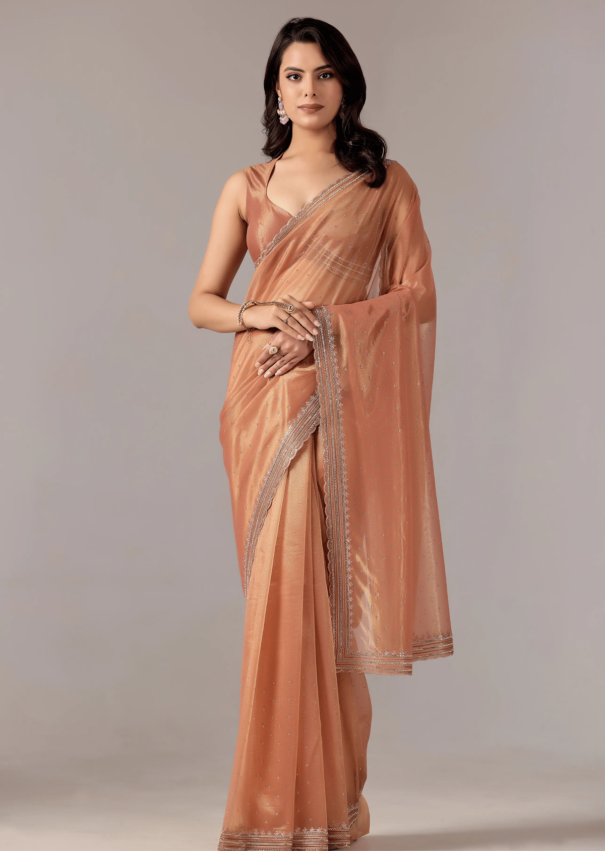  Orange Organza Saree With Sequin Border Work - Front Look | Buy On Ethnic9