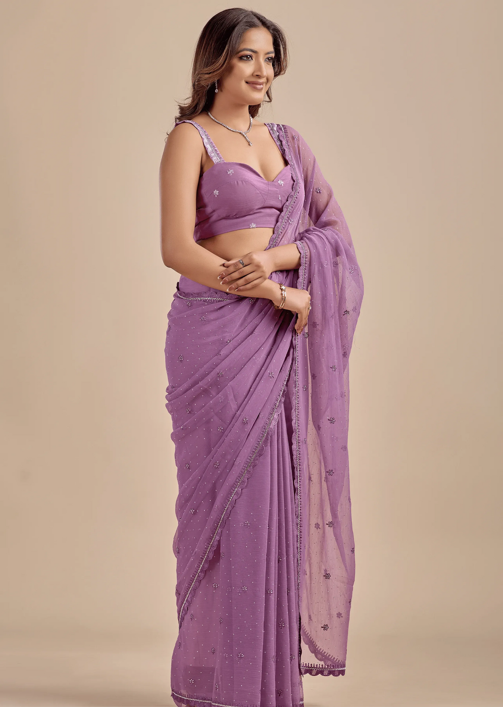 Lavender Chiffon Saree With Floral Embroidery