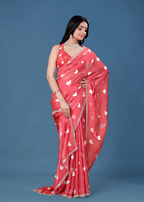 Coral Red Organza Silk Saree Draped Look - Heart Print Design