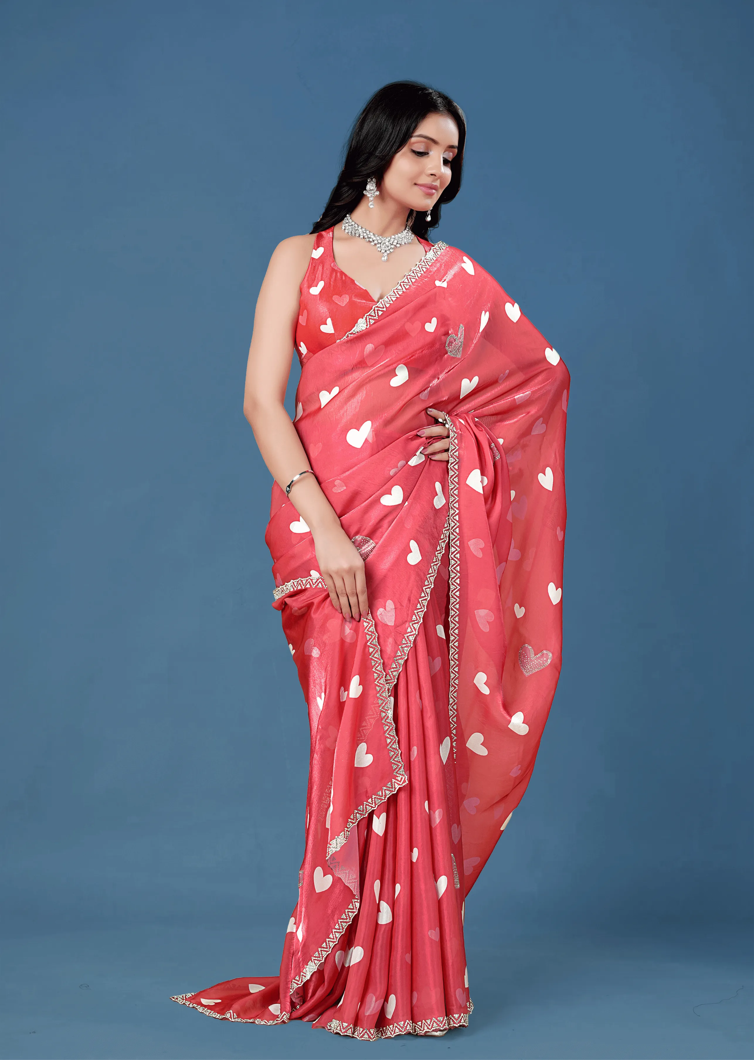 Coral Red Organza Silk Saree Draped Look - Heart Print Design