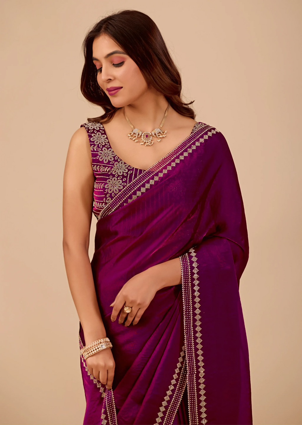 Royal Purple Tissue Silk Saree With Crystal Border Work