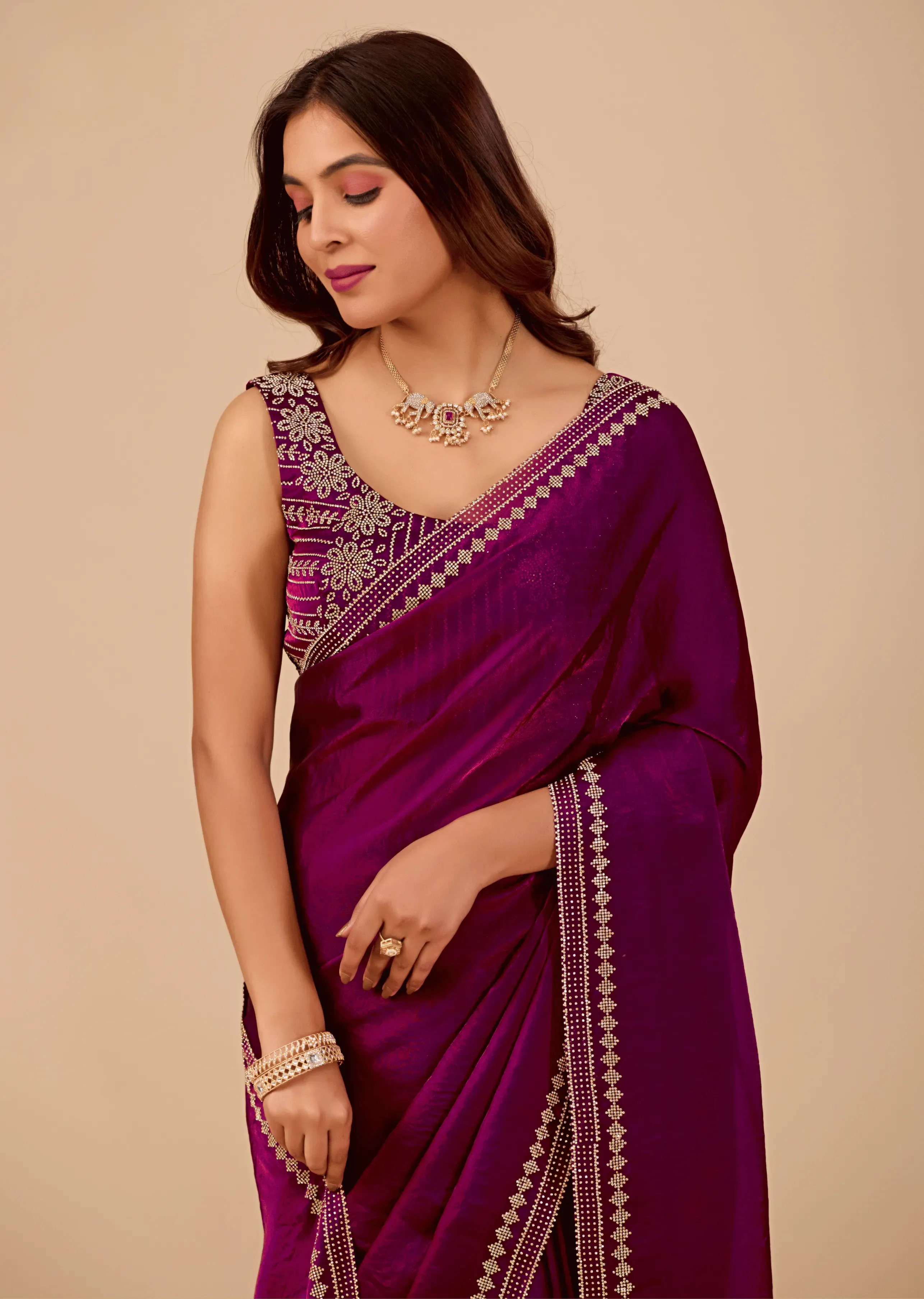 Royal Purple Tissue Silk Saree With Crystal Border Work