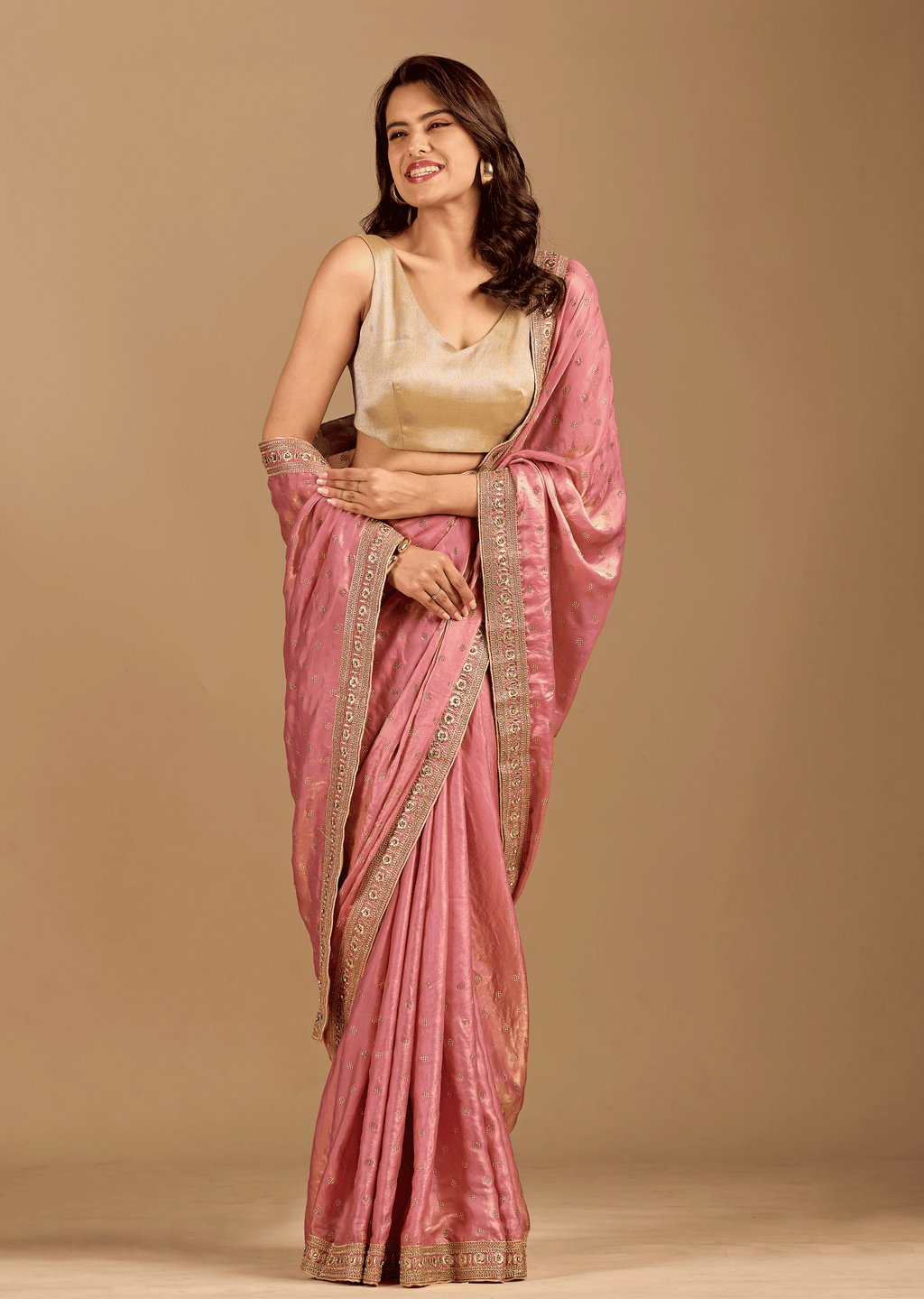 Rose Pink Tissue Silk Saree With Crystal Stone Border