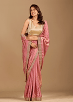 Rose Pink Tissue Silk Saree With Crystal Stone Border