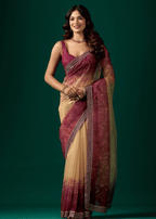 Maroon Organza Saree With Floral Print