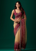Maroon Organza Saree With Floral Print - Front Look | Buy On Ethnic9