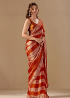 Copper Rust Tissue Silk Saree With Metallic Stripe Weave