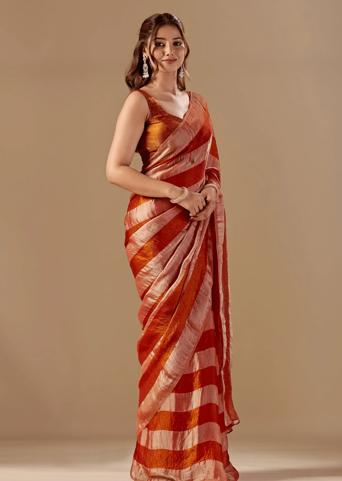 Copper Rust Tissue Silk Saree With Metallic Stripe Weave