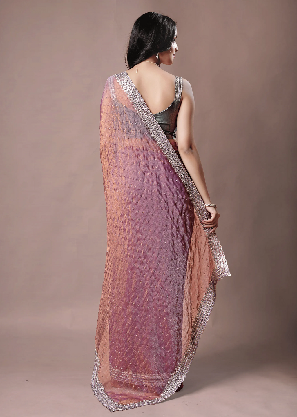 Lavender Purple Organza Saree With Stone Work - Photo 2 | Buy Online Ethnic9