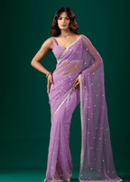 Lavender Chiffon Saree With Floral Embroidery