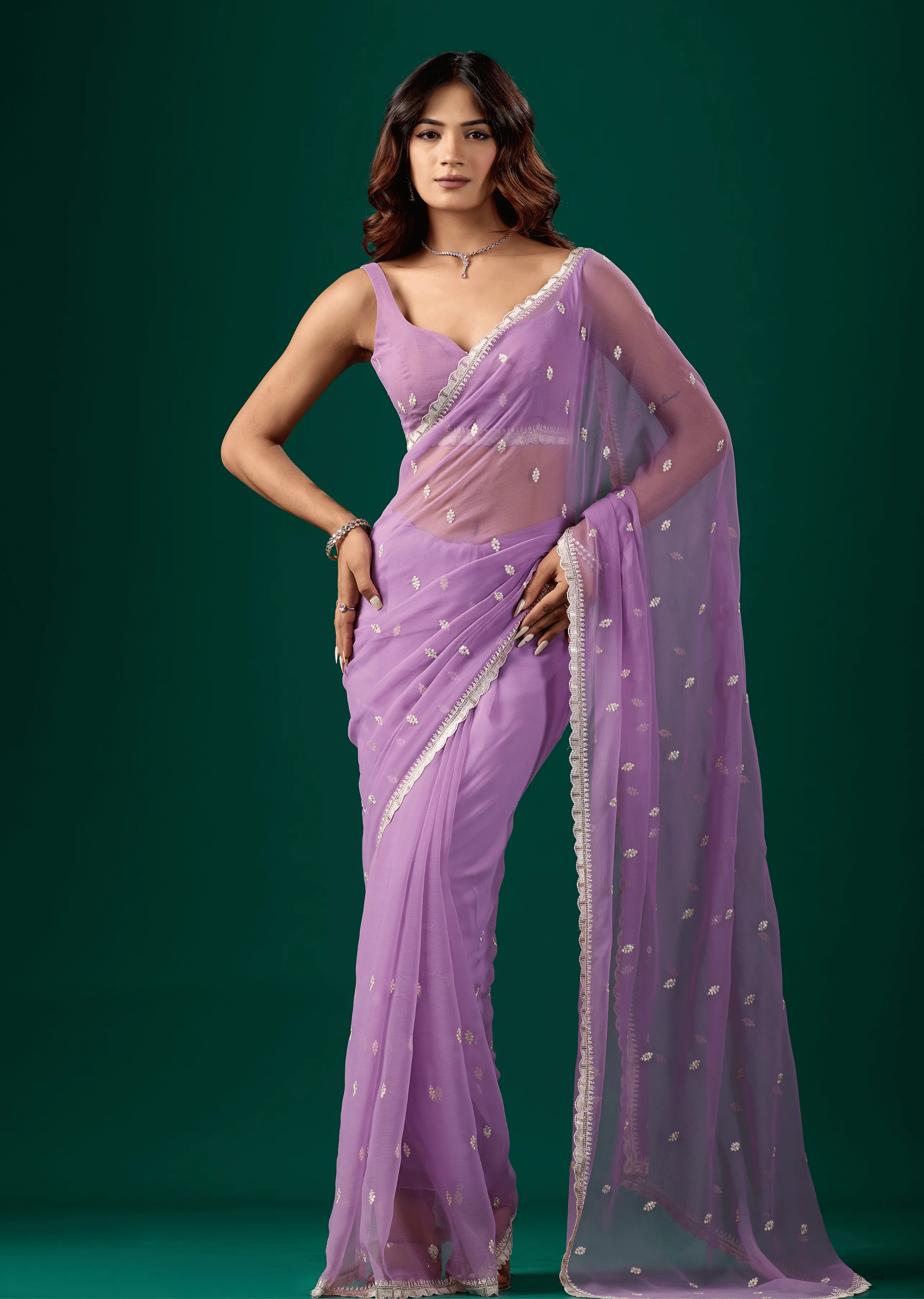 Lavender Chiffon Saree Outdoor Styled Look - Festive Wear Saree