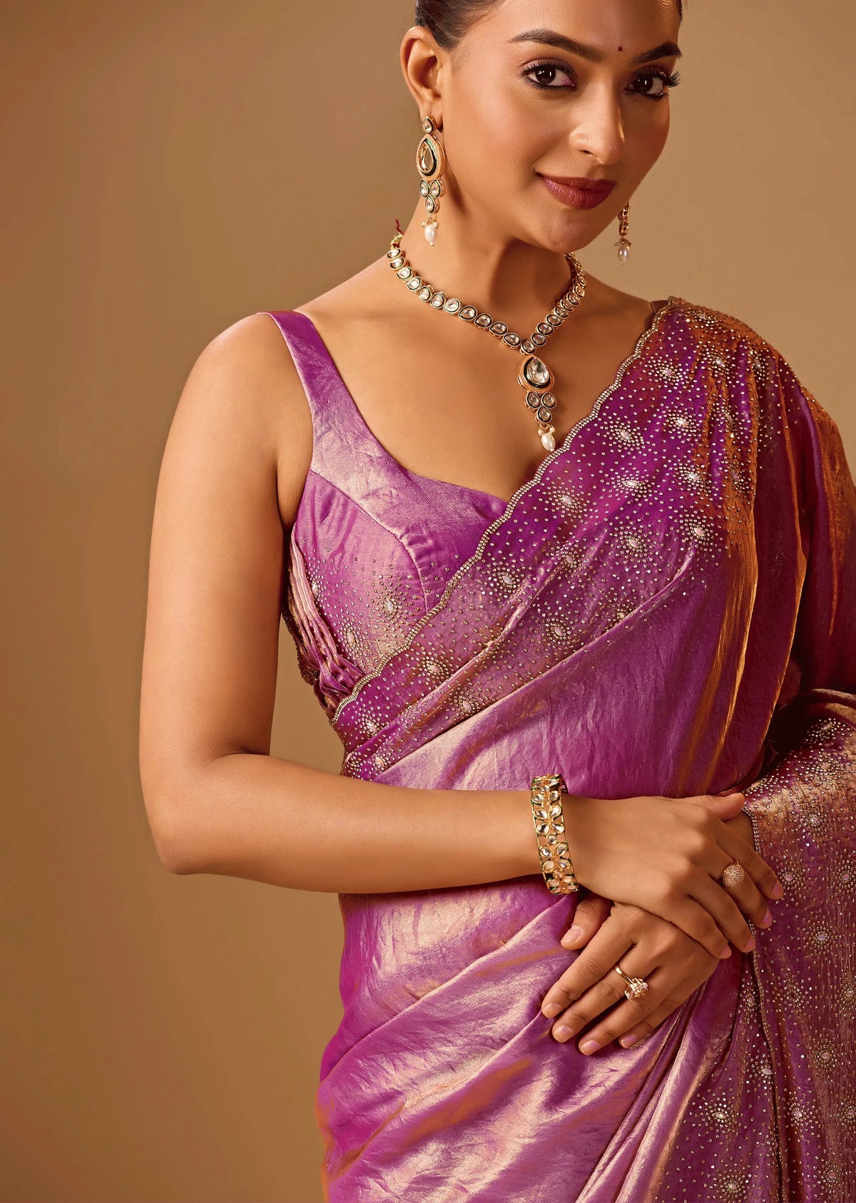 Orchid Purple Tissue Silk Saree With Stone Embroidery