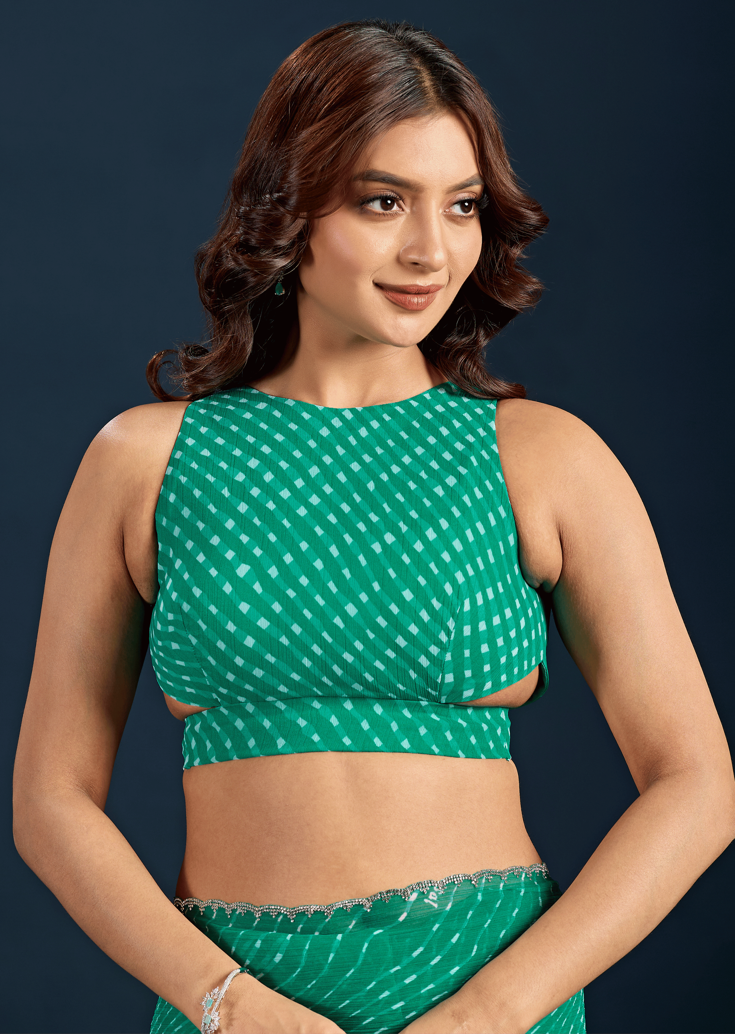 Teal Green Chiffon Saree With Leheriya Print