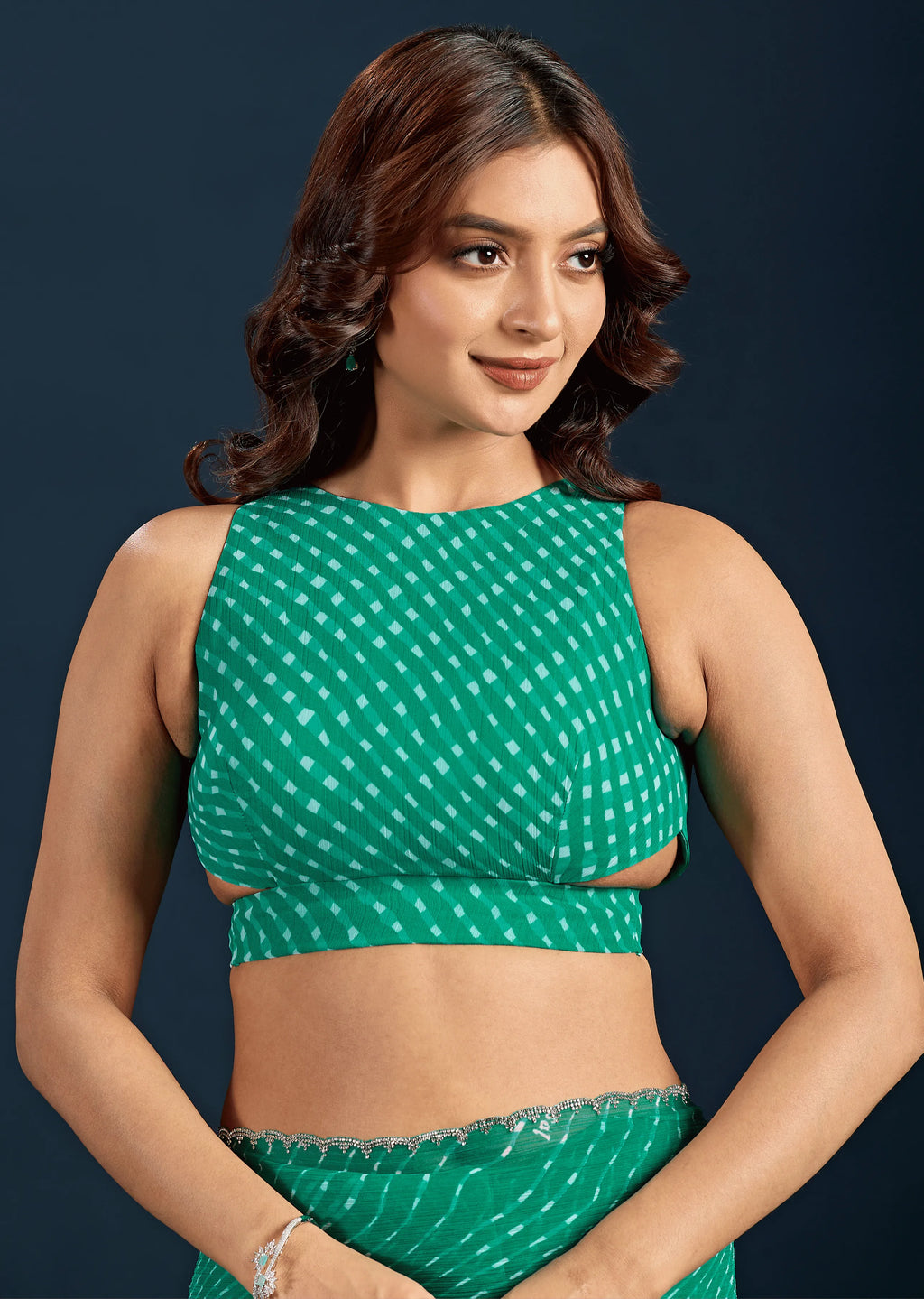 Teal Green Chiffon Saree Draped Look - Leheriya Print Design