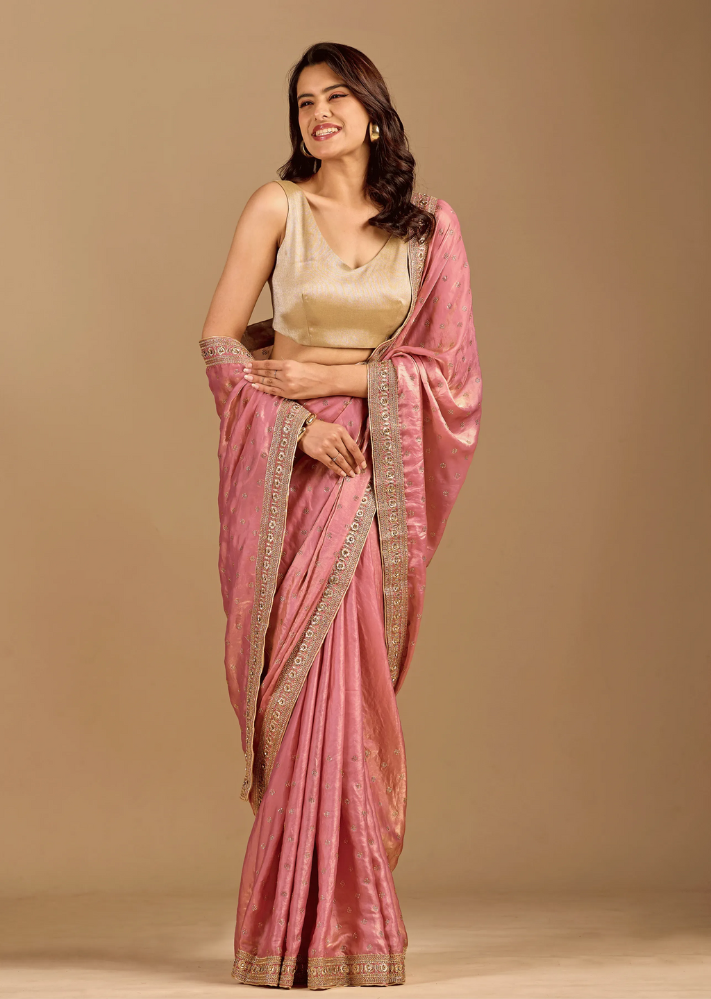 Rose Pink Tissue Silk Saree With Crystal Stone Border