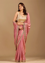 Rose Pink Tissue Silk Saree With Crystal Stone Border