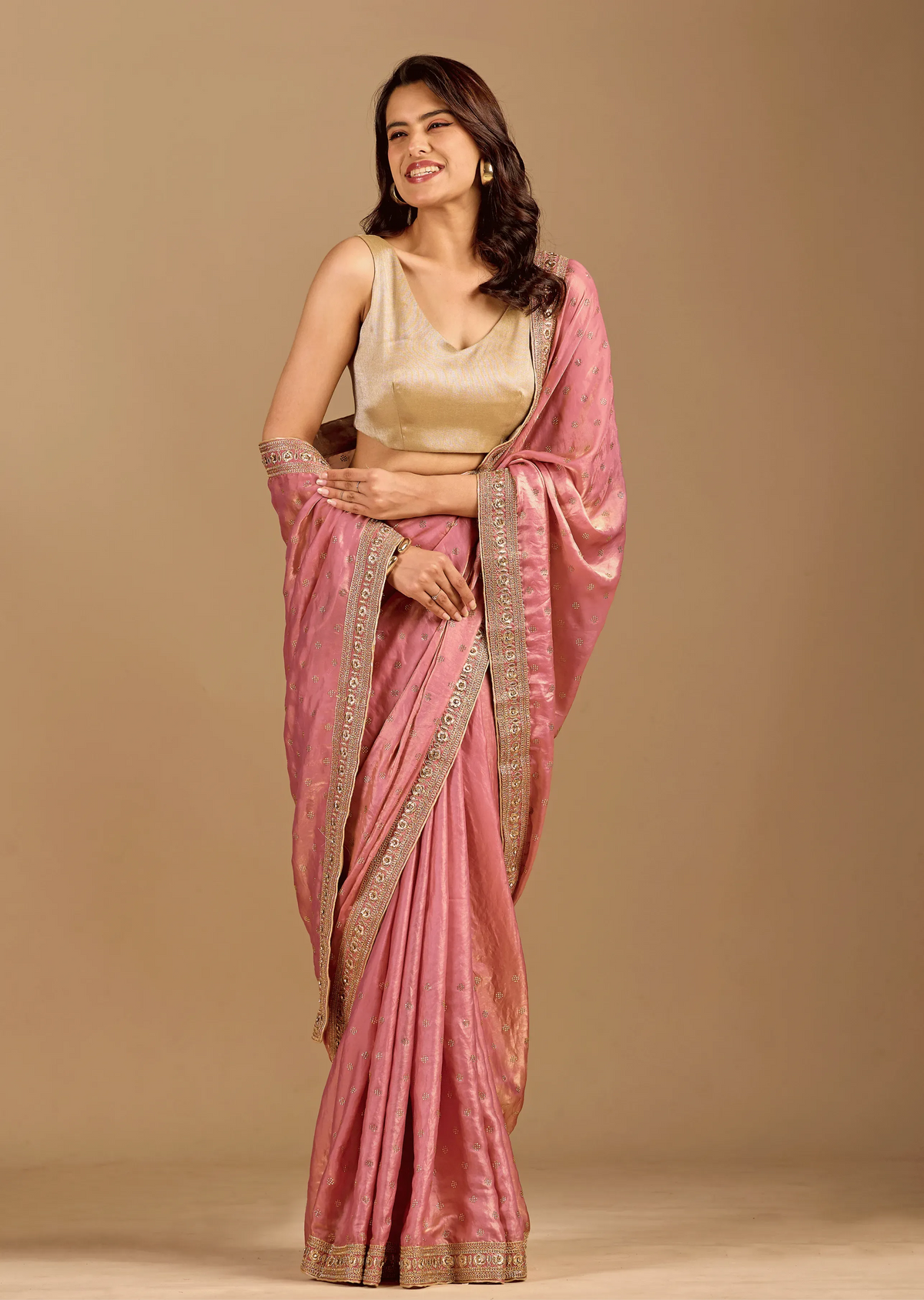 Rose Pink Tissue Silk Saree With Crystal Stone Border