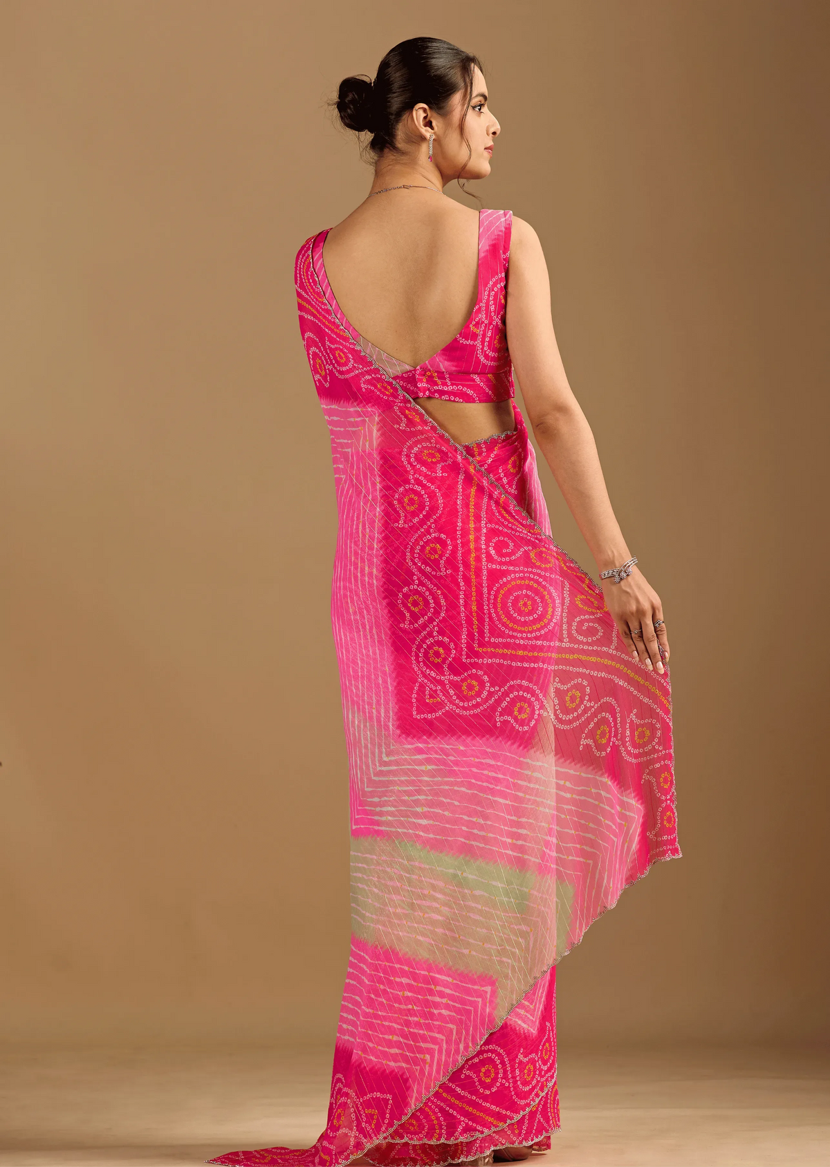 Red Chiffon Saree Back Pose - Bandhani Print Detail