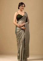 Sage Green Jacquard Saree With Crystal Stone Border - Photo 4 | Buy Online Ethnic9