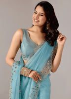 Sky Blue Tissue Saree Side Pose - Wedding Wear Saree