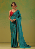 Firozi Tissue Silk Saree With Foil Dot Weaving - Front Look | Buy On Ethnic9