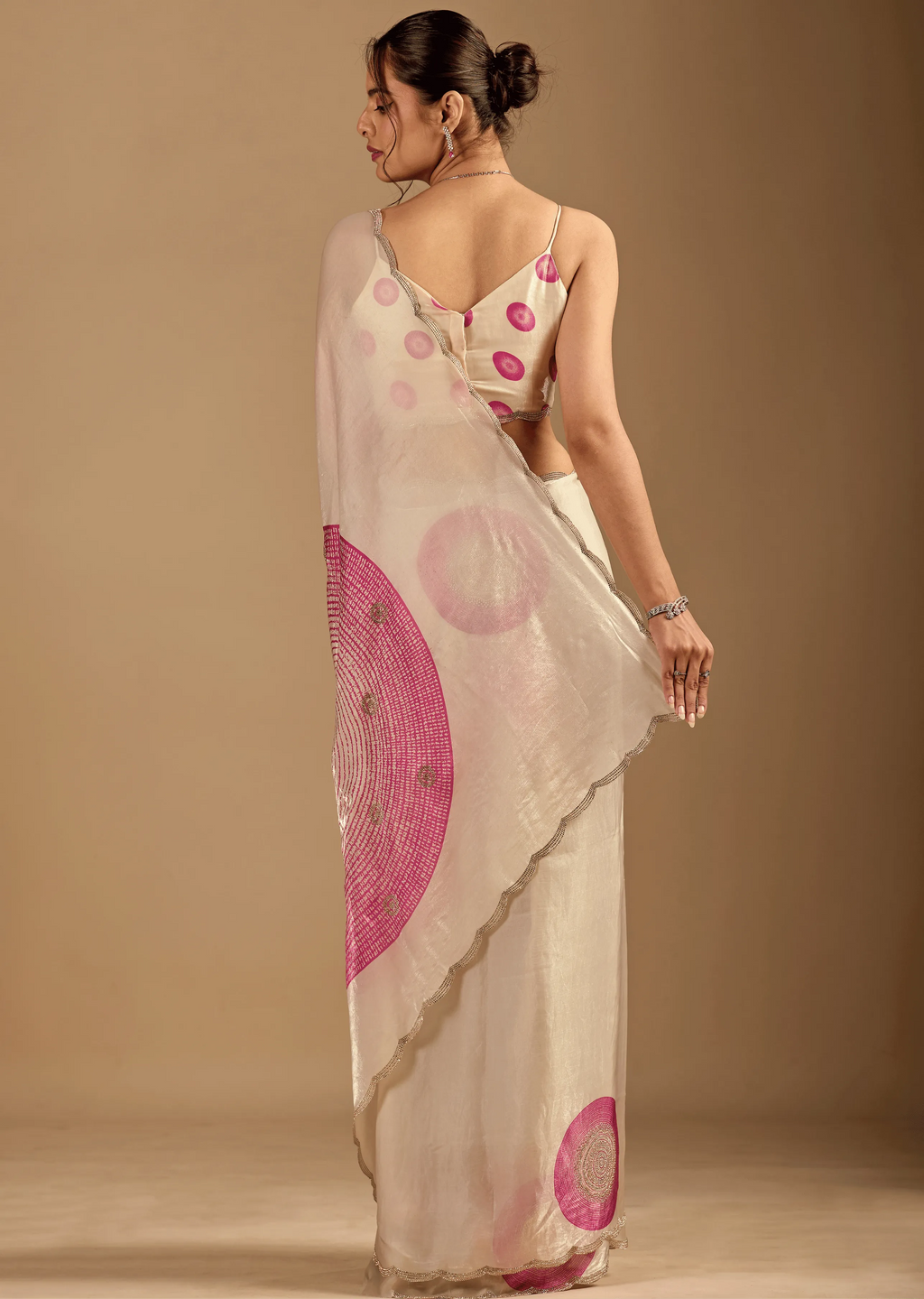 Ivory Organza Silk Saree Back Pose - Foil Print Detail