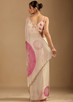 Ivory Organza Silk Saree Back Pose - Foil Print Detail