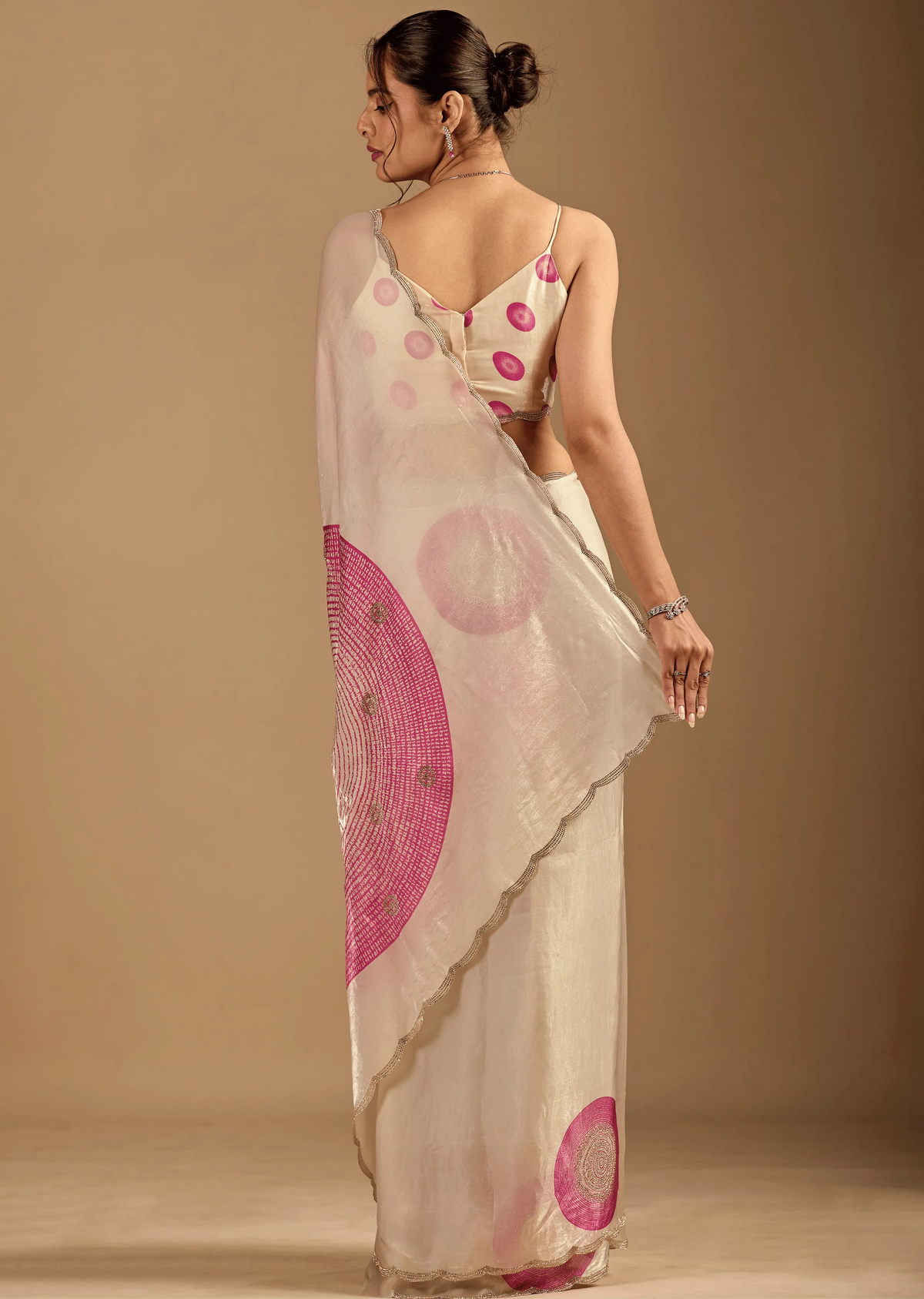Ivory Organza Silk Saree Back Pose - Foil Print Detail