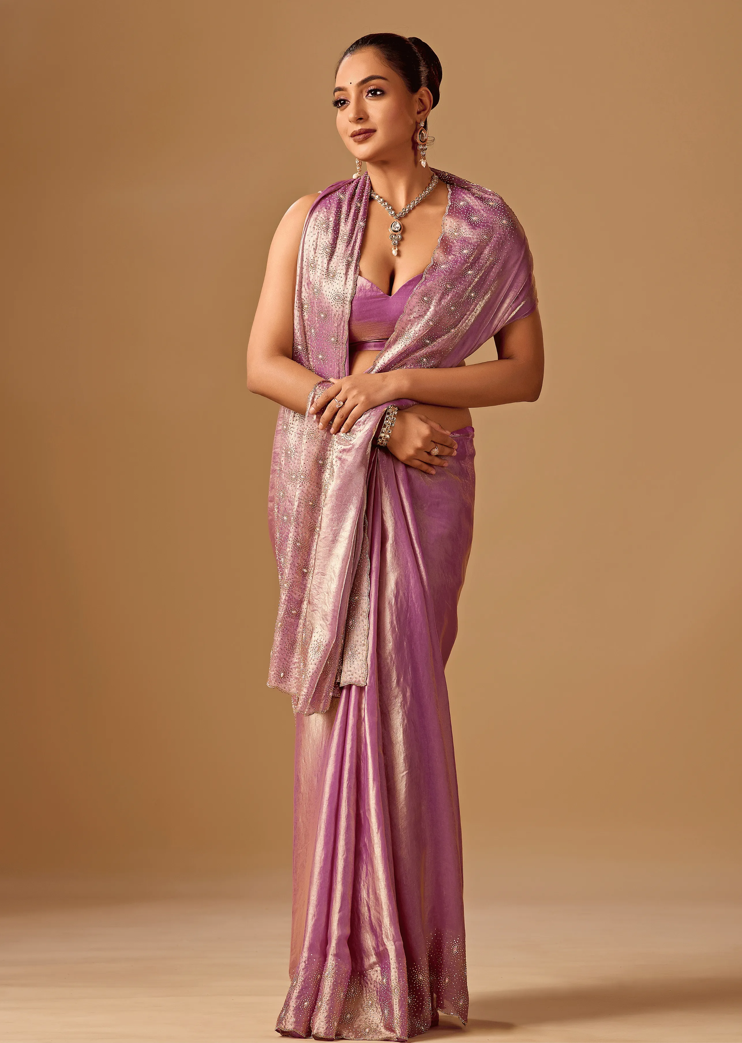 Lavender Tissue Silk Saree With Stone Work - Front Look | Buy On Ethnic9
