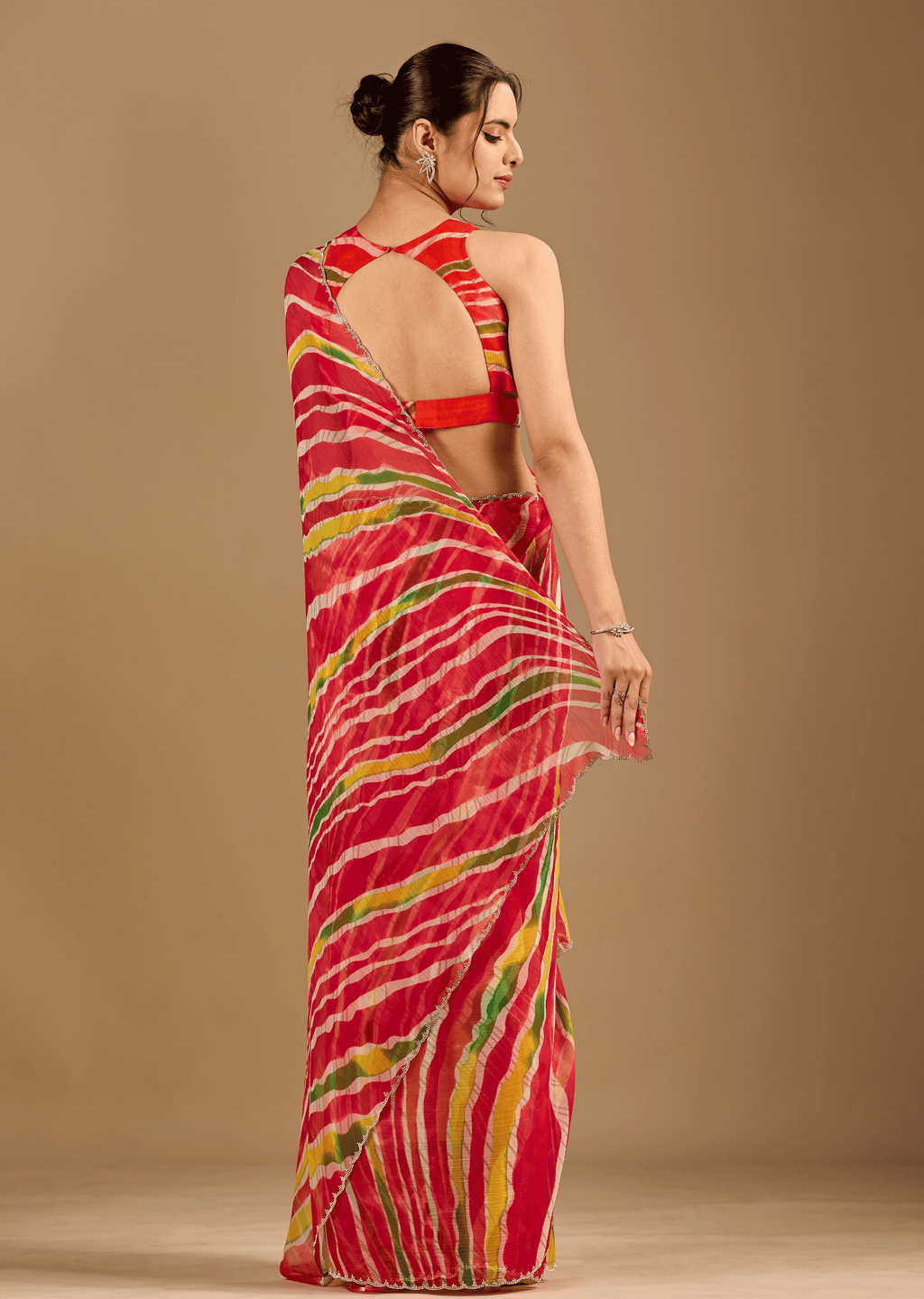 Red Chiffon Saree With Stone Work