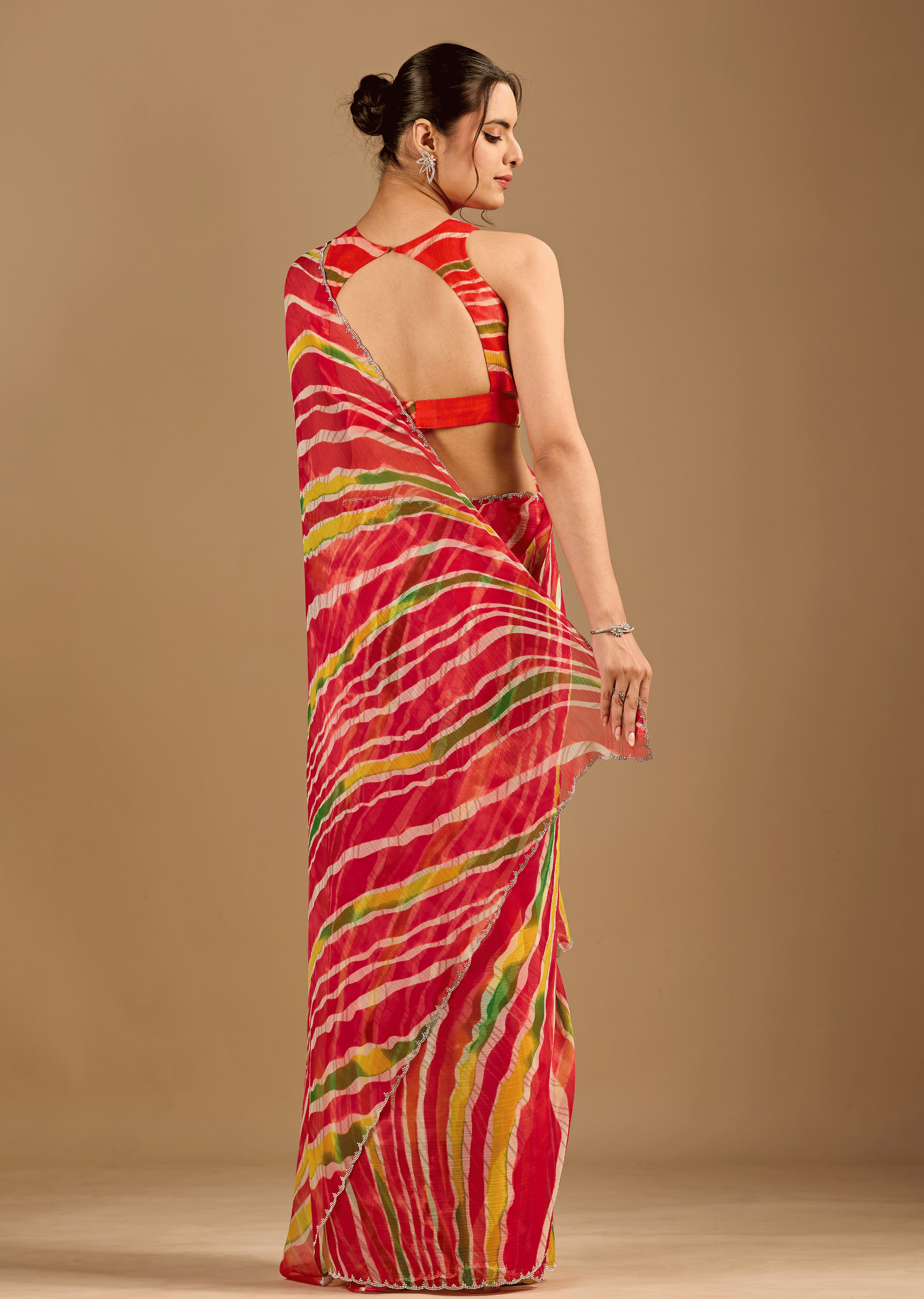 Red Chiffon Saree With Stone Work